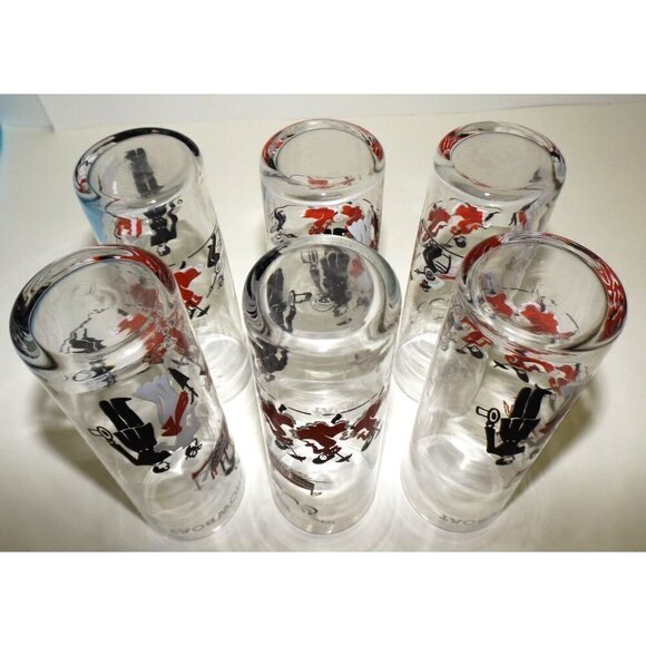 Libbey Glass set of 6 "Showboat" Tom Collins glasses red, black, and white, Vint - Picture 2 of 6